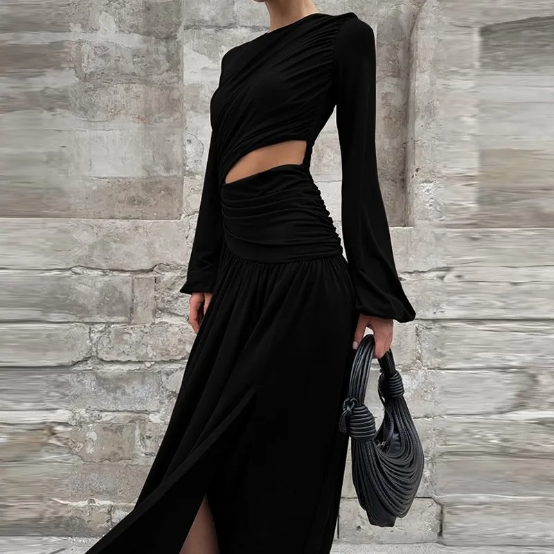 Herfst Winter Dames Casual Jurk Nieuwe Effen Kleur Maxi Lengte Ronde Hals Lange Mouw Ruches Uitsparing Taille Met Split Ropa Mujer