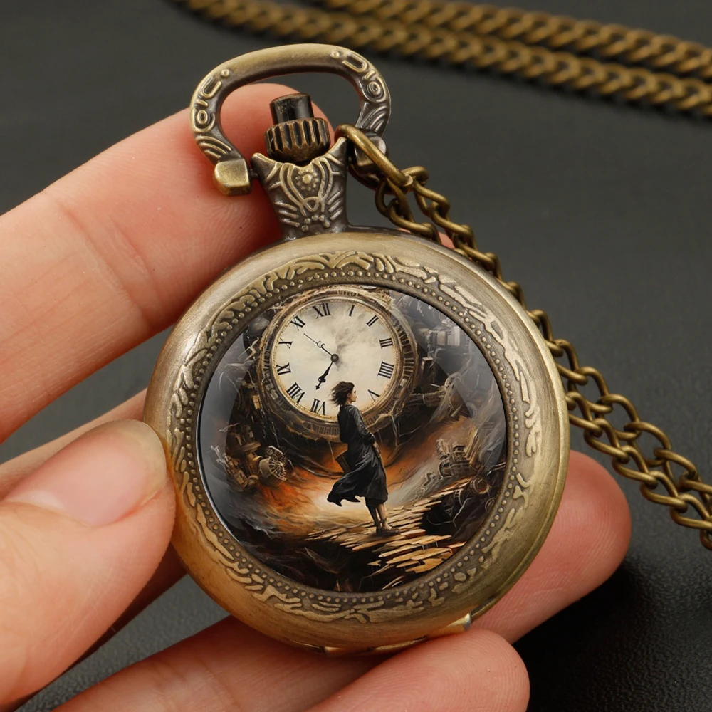 Bronze Quartz Pocket Watch for Women Men Unique Time Machine Design Vintage Clock Watches Chain Jewelry Pendant Gift