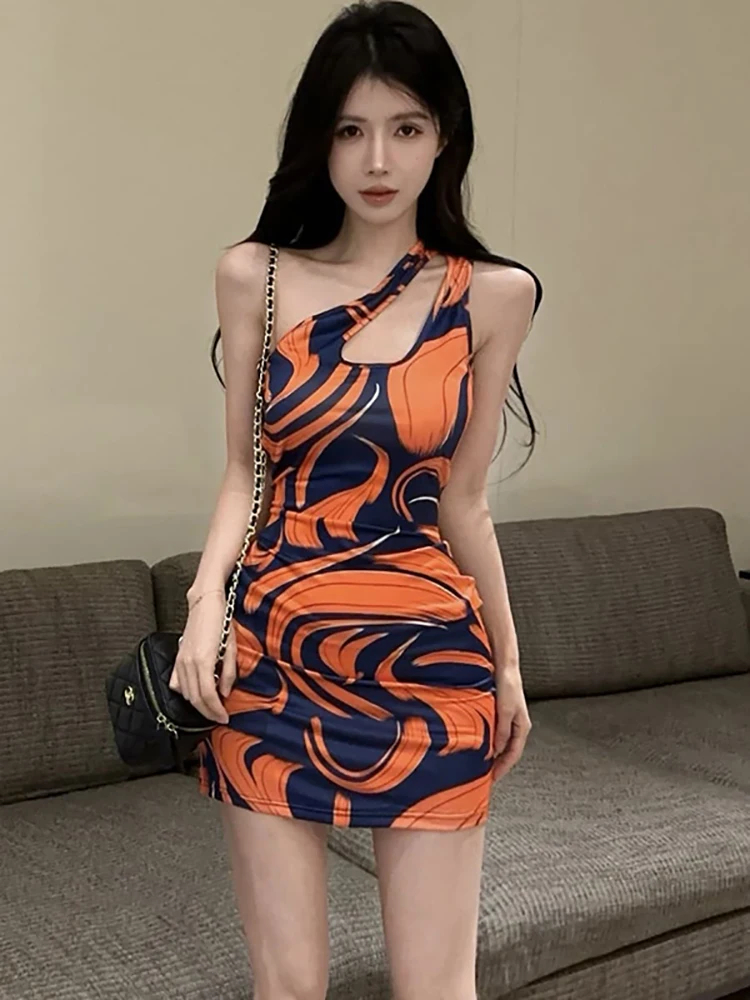 

2025 New Print Hollow Out Diagonal Collar Sexy Mini Dress Women Elegant Casual Holiday Dress Summer Korean Bodycon Evening Dress