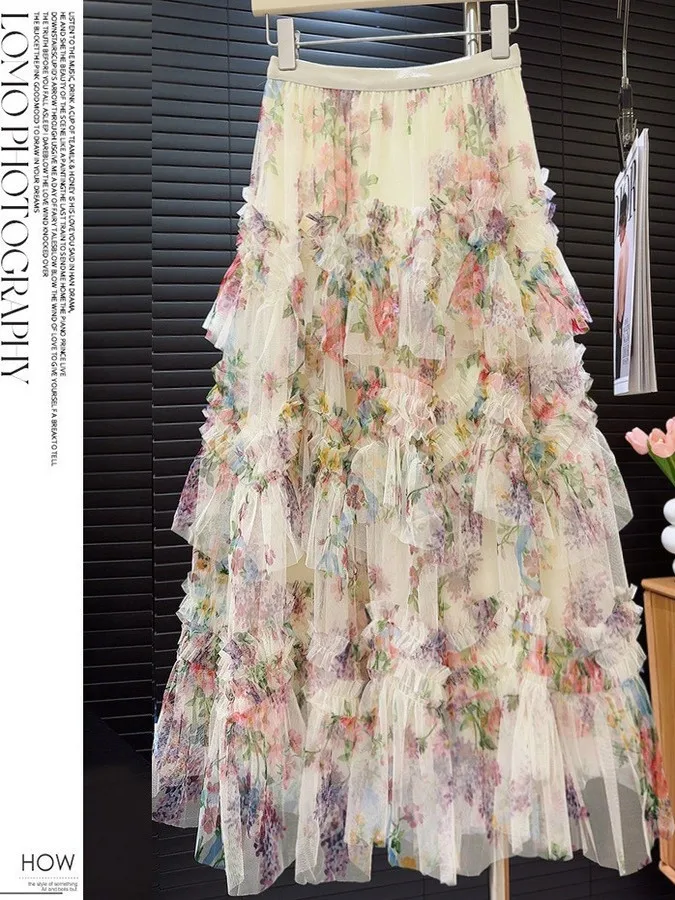

Women's Heavy Du Me Cake Skirt Floral Print High Waist Long Skirt Breathable Ultra Thin Net Fabric Versatile Summer Dr