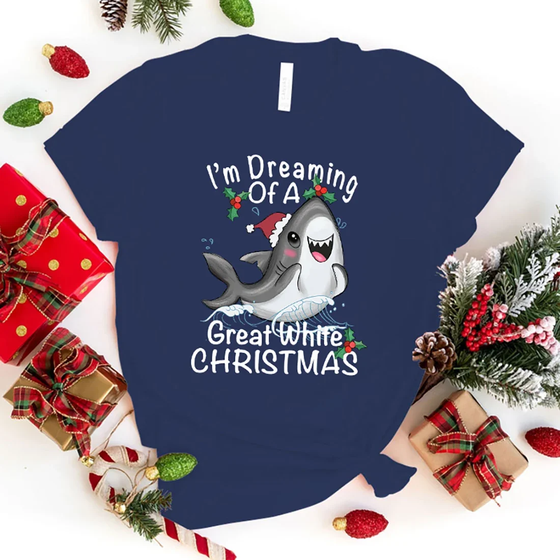 I'M 멋진 화이트 크리스마스 상어 프린트 티셔츠, 소녀 티셔츠, 부드러운 프린트 상의, 유니섹스 티 의류, 캐주얼 상의