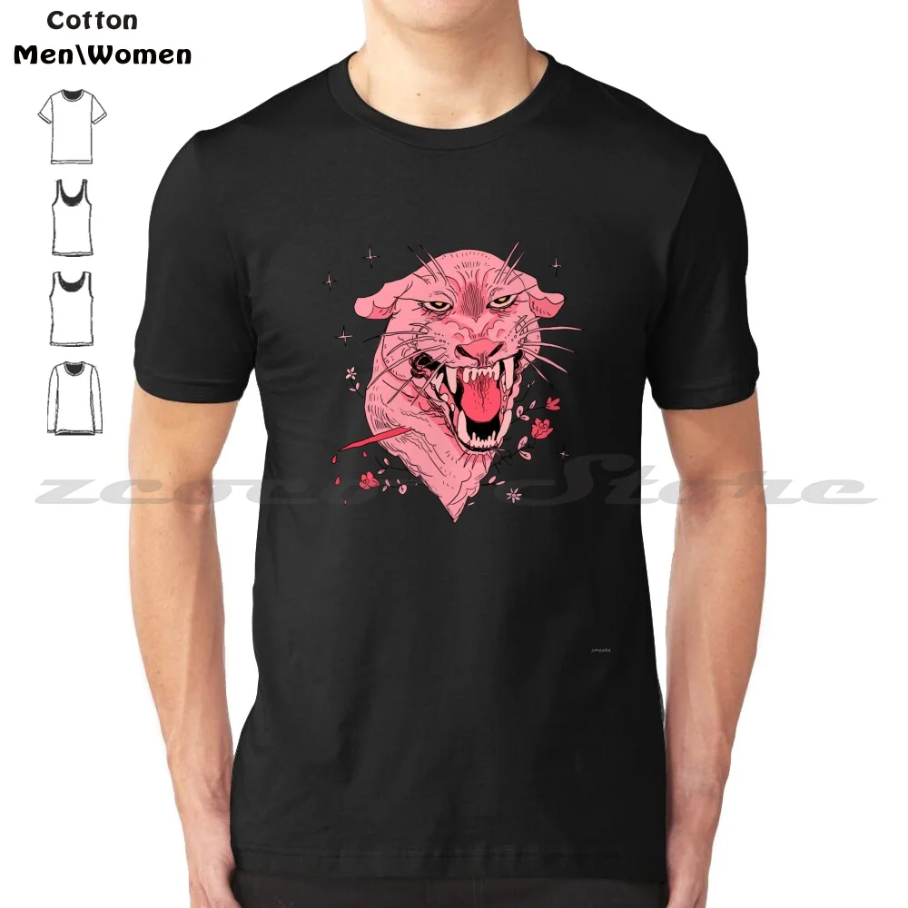 Pink Panther 100% Cotton Men And Women Soft Fashion T-Shirt Pink Panther Cougar Feline Teeth Julian Miholics Ojomajaba