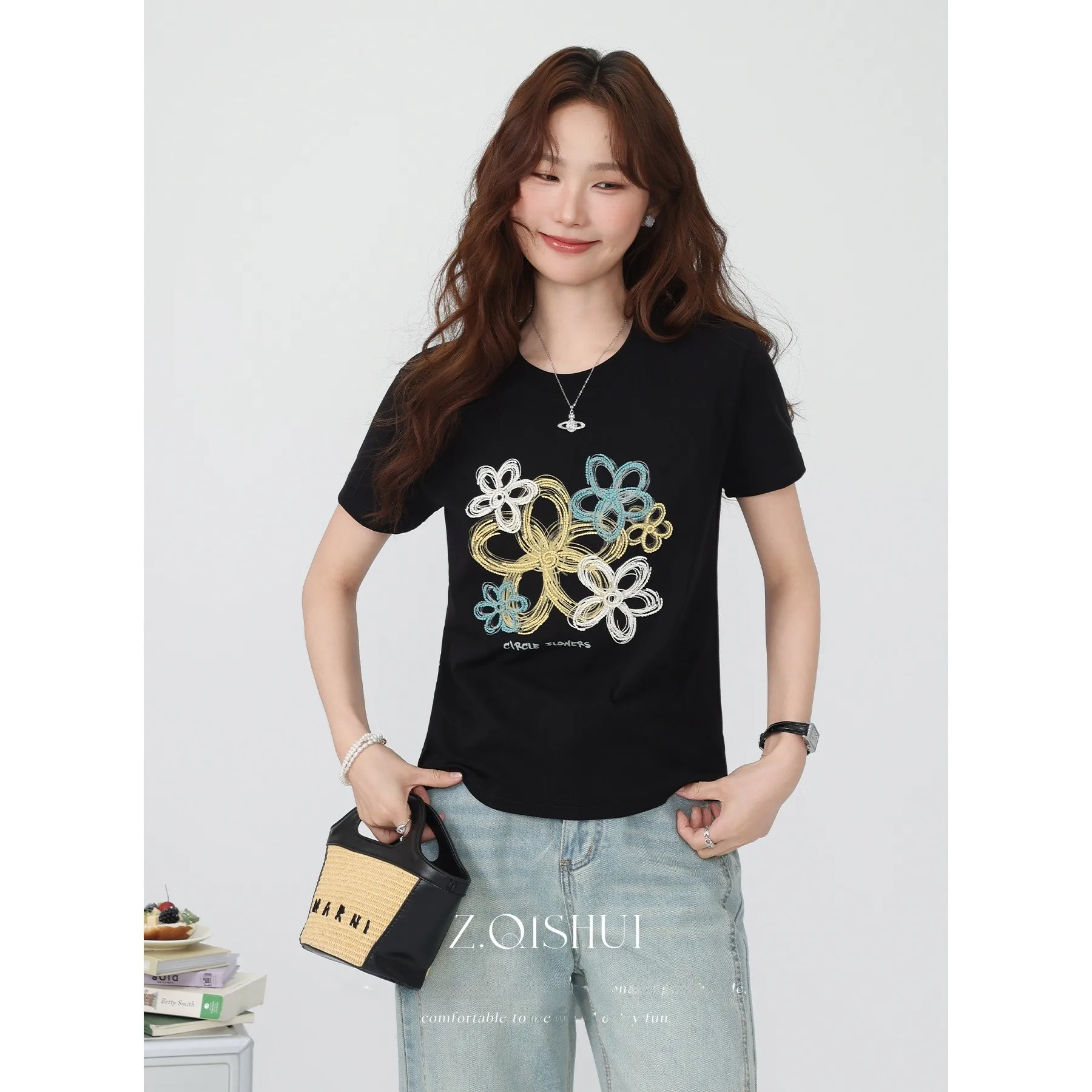 

Футболка Bla T-irt Zhang Soda 2025, свободного кроя, однотонная, с круглым вырезом, в корейском стиле, для летнего сезона