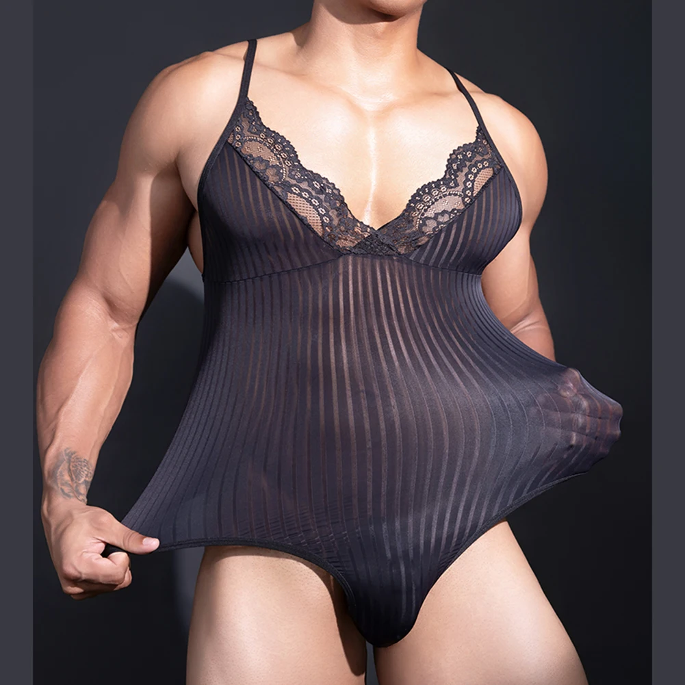 

Mens Stripe Lace Lingeries Sexy Hot See Through Sexy Adult Costume Sleeveless Underwear Soft Sleep Bodysuit Pajamas Nightclub