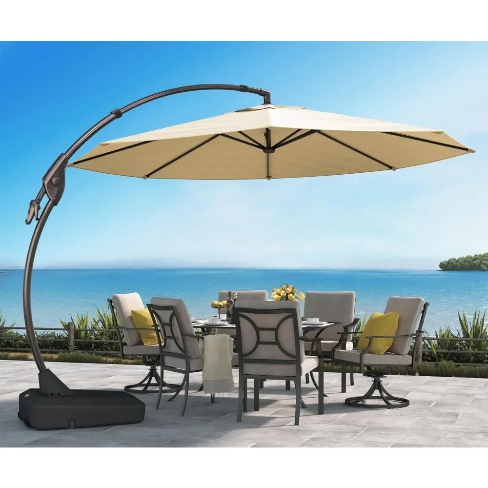 12FT Outdoor Offset Umbrella Large Round Aluminum Cantilever Umbrella with Base for Garden Deck Poolside (Champagne, 12 FT)