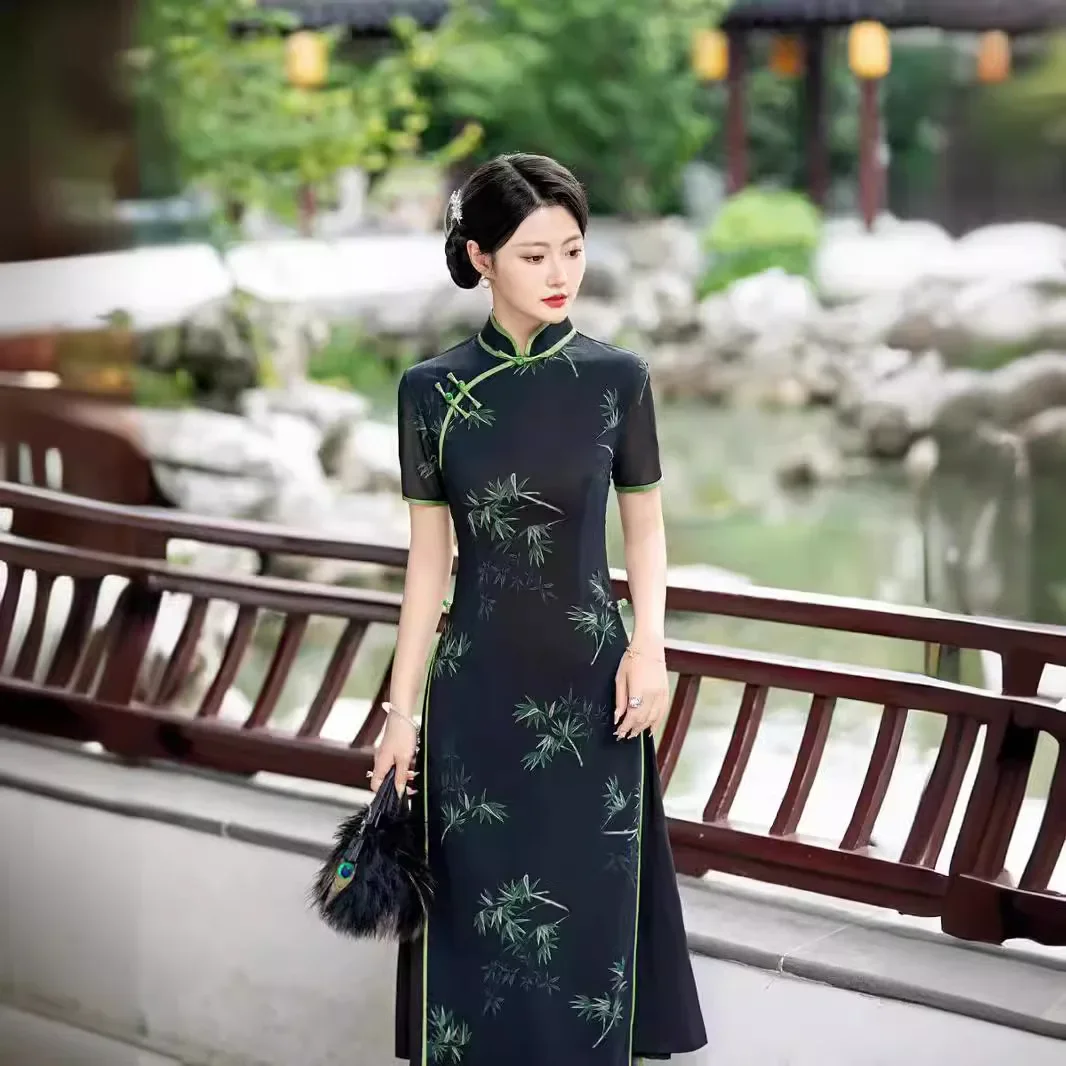 Yourqipao preto chinês tradicional cheongsam novo estilo 2024 estilo jovem menina magro melhorado qipao para mulher