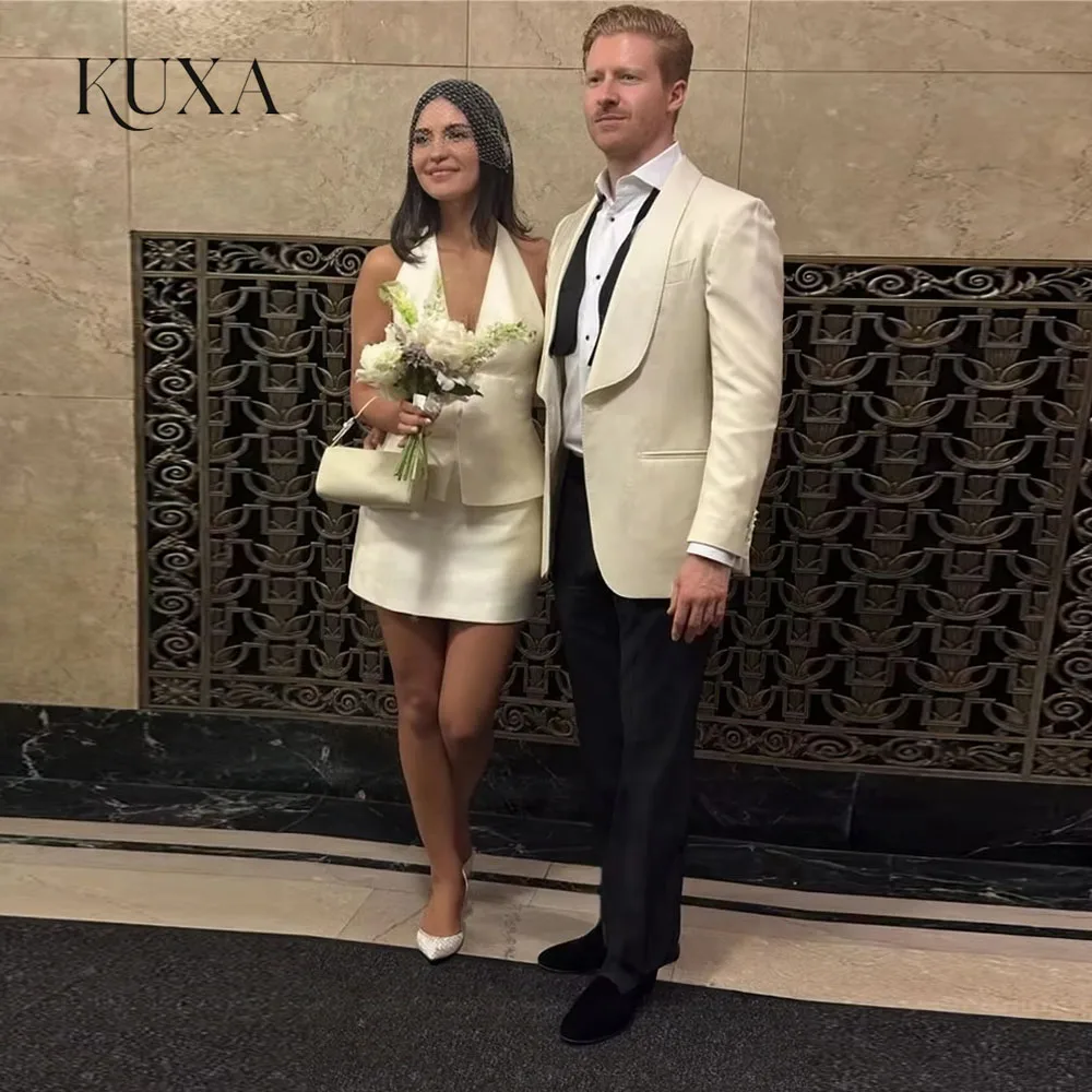 KUXA Customized Beige V-Neck Halter Neck Wedding Dress Single Breasted Two-Piece Set Vestidos De Novia Short Evening Dresses