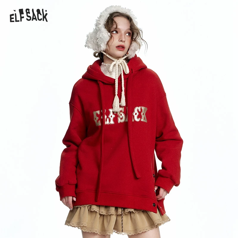 ELFSACK 2024 Winter New Arrivals Casual Red Letter Slit Plush Hoodie for Women Christmas