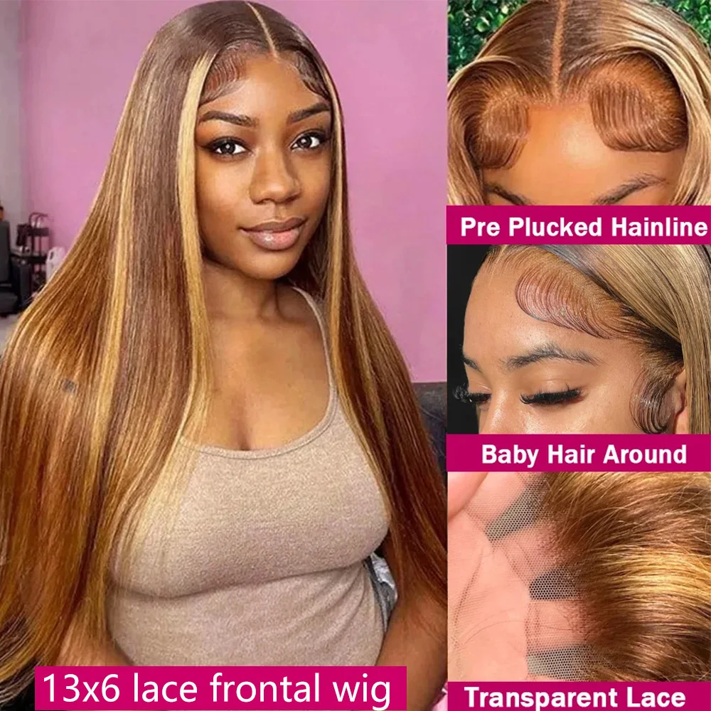 13x4 13x6 Highlight Lace Frontal Wigs Human Hair 30 40 Brazilian Hd Transparent Glueless Bone Straight Lace Front Wig For Women