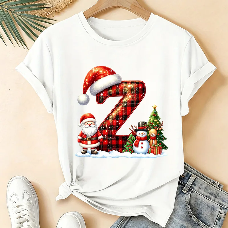 Women Christmas Letter A~Z Santa Snowman Graphic T Shirt Initial Letter Xmas Tree Reindeer Tee Holiday Short Sleeve Casual Tops