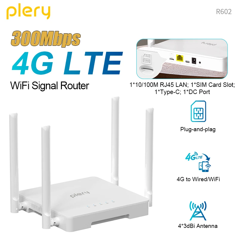 

Маршрутизатор Plery CAT4 WiFi6 4G, 300 Мбит/с, маршрутизатор LTE, маршрутизатор мощности Type-C/DC, 2 антенны 5 дБи, поддержка 16 устройств для IP-камеры/CPE