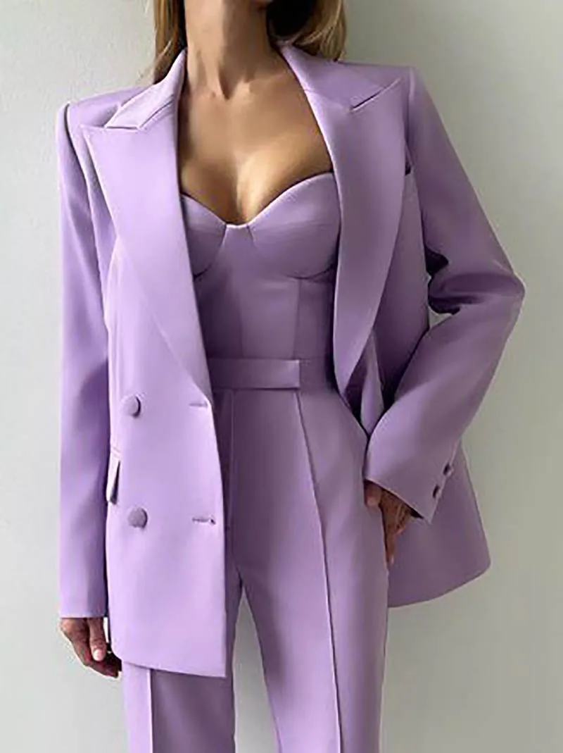 Purple Suits Set for Women 2 Piece Double Breasted Jacket with Wide leg Pants Business Formal Pantsuits Classic Style