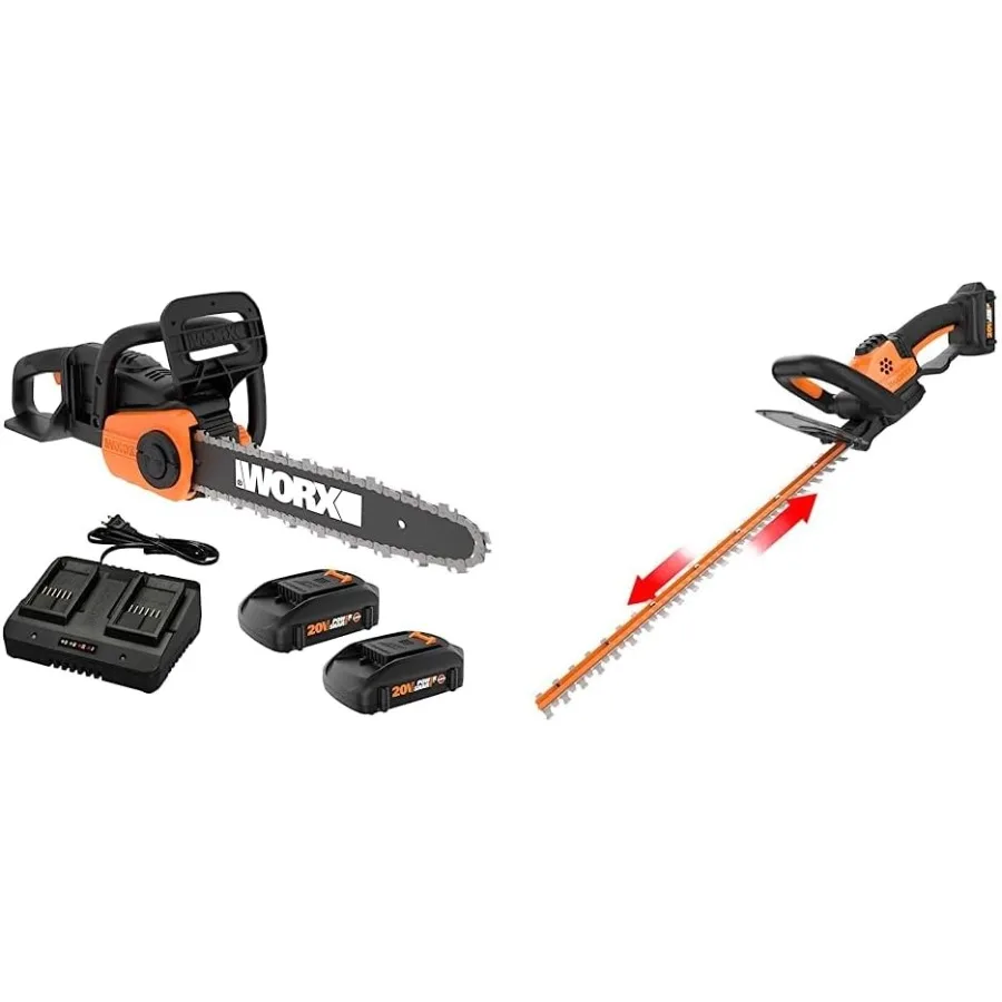 

40V 14" Cordless Chainsaw with Auto-Tension and 20V 22 Cordless Hedge Trimmer Set for Outdoor Landscaping Includes Batteries and