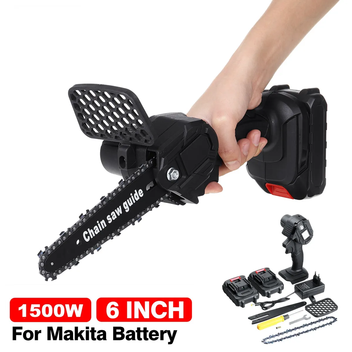 6 Inch 1500W Electric Saw Mini Chain Saw One-handed Saw 2PCS Li-ion Battery Woodworking Tool For Makita 18V Battery EU Plug