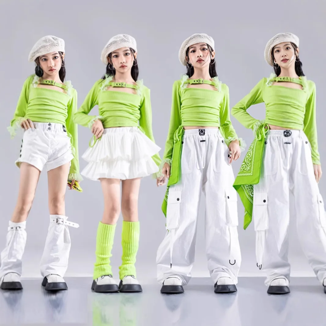 Hip Hop Girls K-pop Crop Top Street Dance Cargo Pants Tiered Skirts Kids Streetwear Child Jazz Costumes Cheerleader Clothes Sets