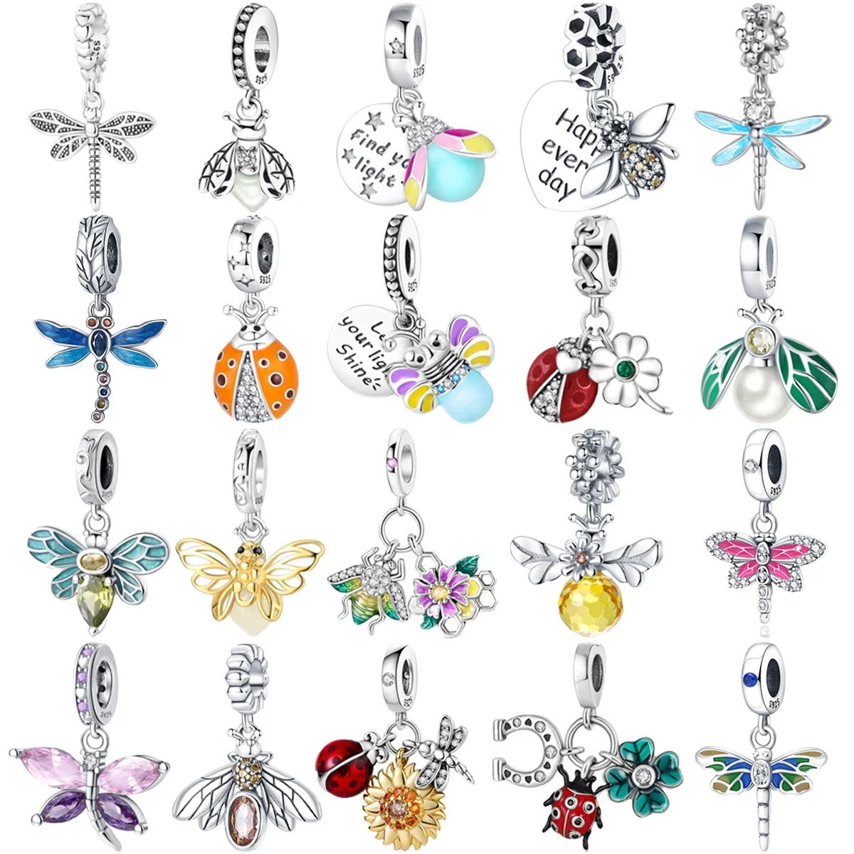 

Original 925 Charms Sterling Silver Dragonfly Bee Ladybug Clover Pendant for Pandora DIY Bracelet Ladies Jewelry Gift