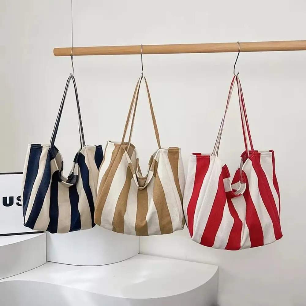 

Fashion Canvas Totes Bag Large Capacity Casual Style Shoulder Bags Simple Stripe Pattern Shopping Handbag Daily Use