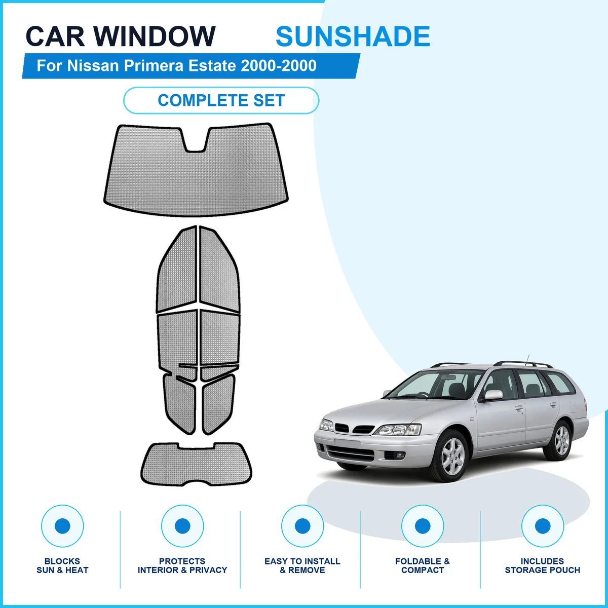 For Nissan Primera Estate 2000-2000 Custom Full Set Window Sunshades Aluminum Foil Suction Cup Anti UV Privacy