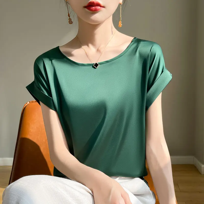 New Summer French Satin Slippery Short-sleeved Women's Round Neck Temperament Solid Color Simple High Sense Joker T-shirt