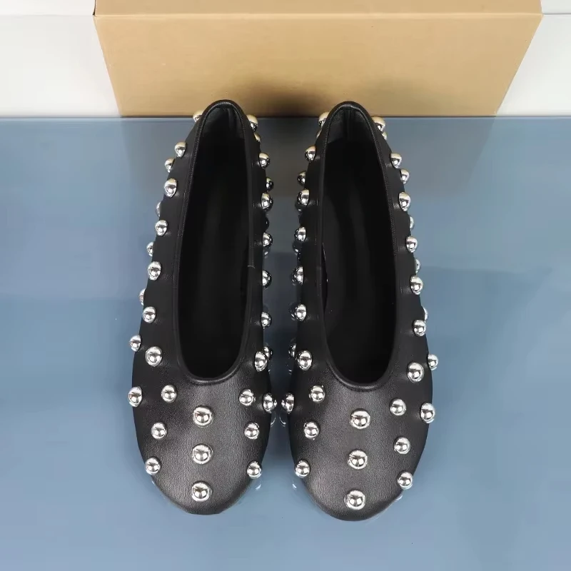 Designer Retro Black Rivet Ladies Ballet Flats Soft Leather Round Toe Shallow Female summer Footwear 2025 Plus Size Women Shoes