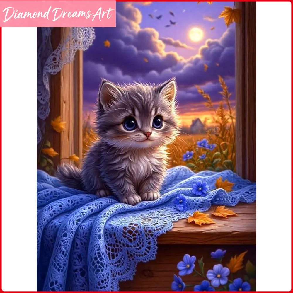 Vollständiges Diamant-Gemälde Katze und Mond, Diamant-Mosaik Tier-Landschaft, Neu 2026 Strass-Bilder, Rahmenlos