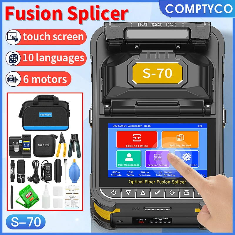 COMPTYCO S-70/A-5/FS-60F/S-90 Fiber Optic Fusion Splicer HD Touch Screen 10 Languages 6 Motors FTTH Optical Fiber Fusion Machine