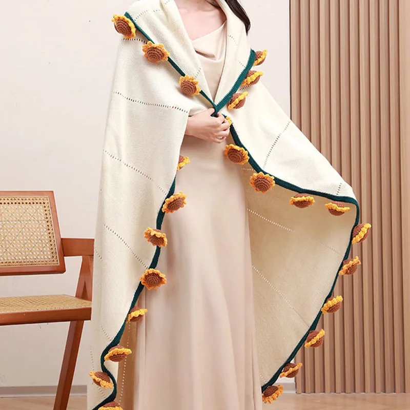 Hand Woven Sunflower Bouquet Blanket Multifunctional Nap Shawl for Living Room and Bedroom Romantic Home Decorations As Gifts