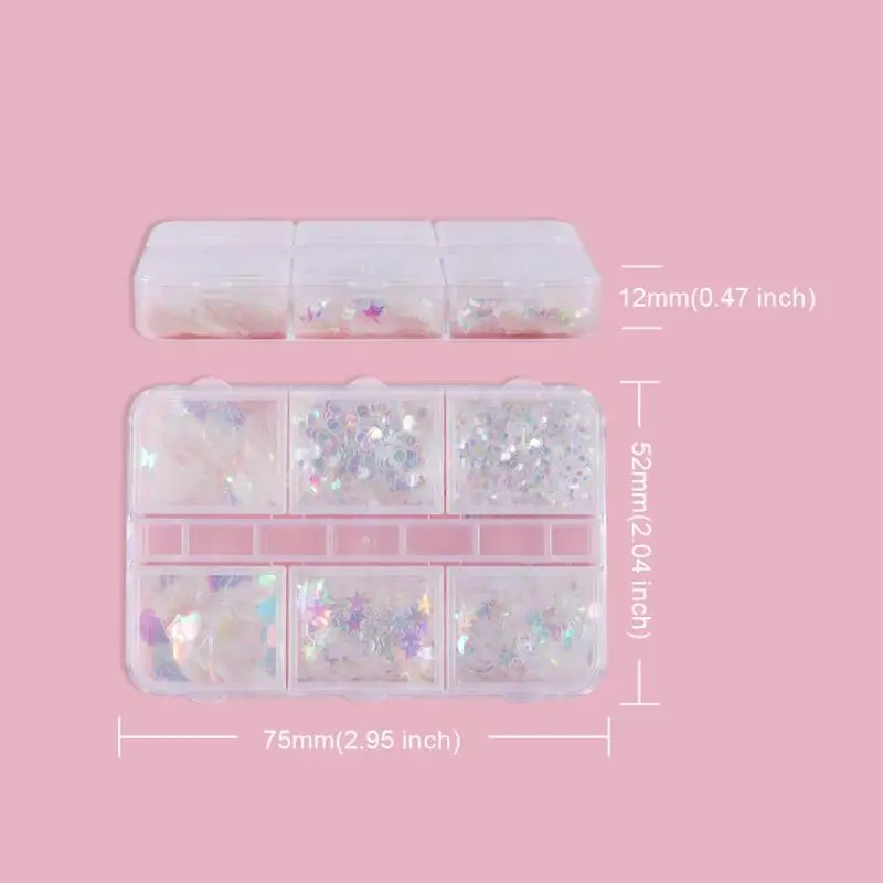 Mini 6 griglie per unghie con paillettes decorazione arcobaleno luce amore stella luna accessori per unghie materiale trasparente per il miglioramento delle unghie fai da te