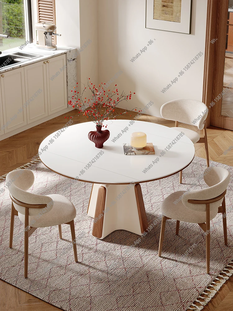 

New French square and round dual-purpose rock slab dining table household small retractable folding solid wood dining table