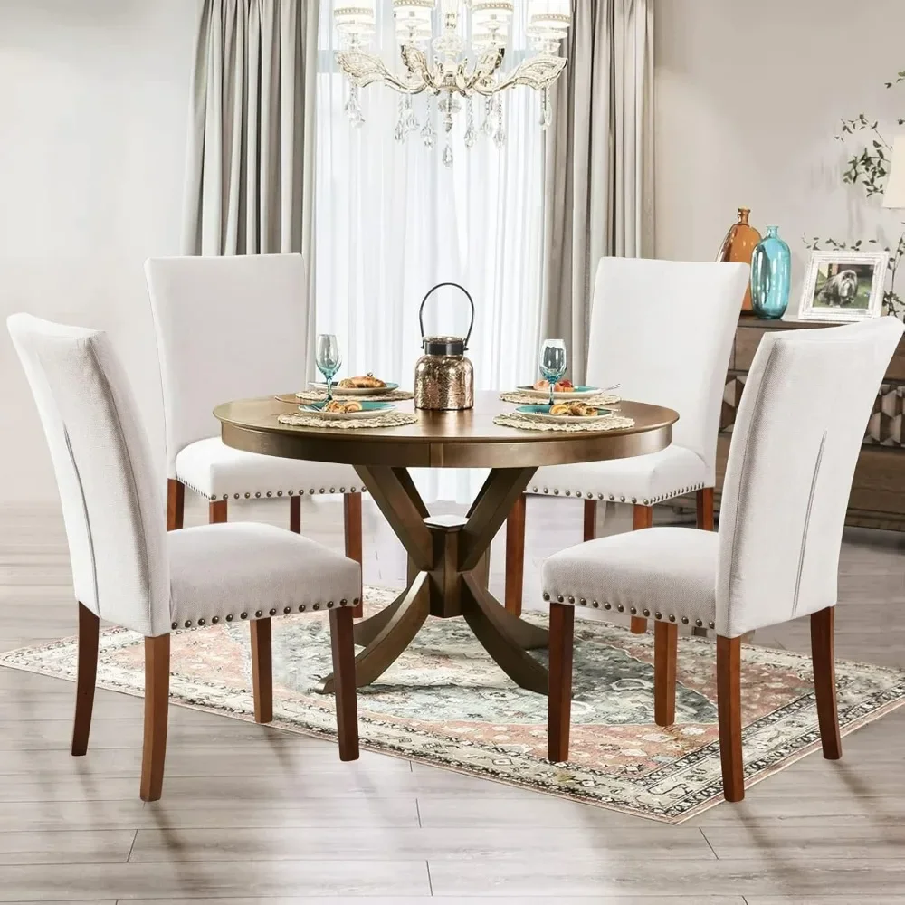 Dining Chairs Set of 6, Upholstered Nailhead Dining Room Kitchen Side Chair with Thick Cushions and Wood Legs, Beige image 2