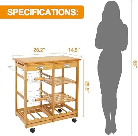 Kitchen Island Cart with Storage, Rolling Side Table on Wheels with 2 Drawers, 3 Shelves, Lockable Casters for Dining