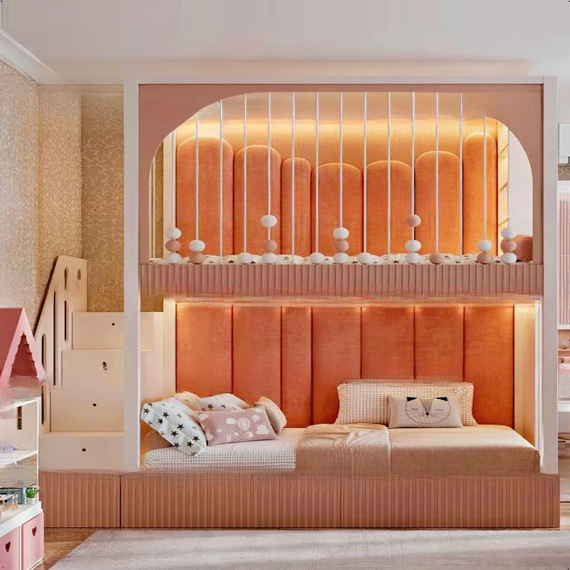 Кровать для родителей и детей, двуспальная двухъярусная кровать, мягкая сумка из массива дерева, лестница для хранения b ed.