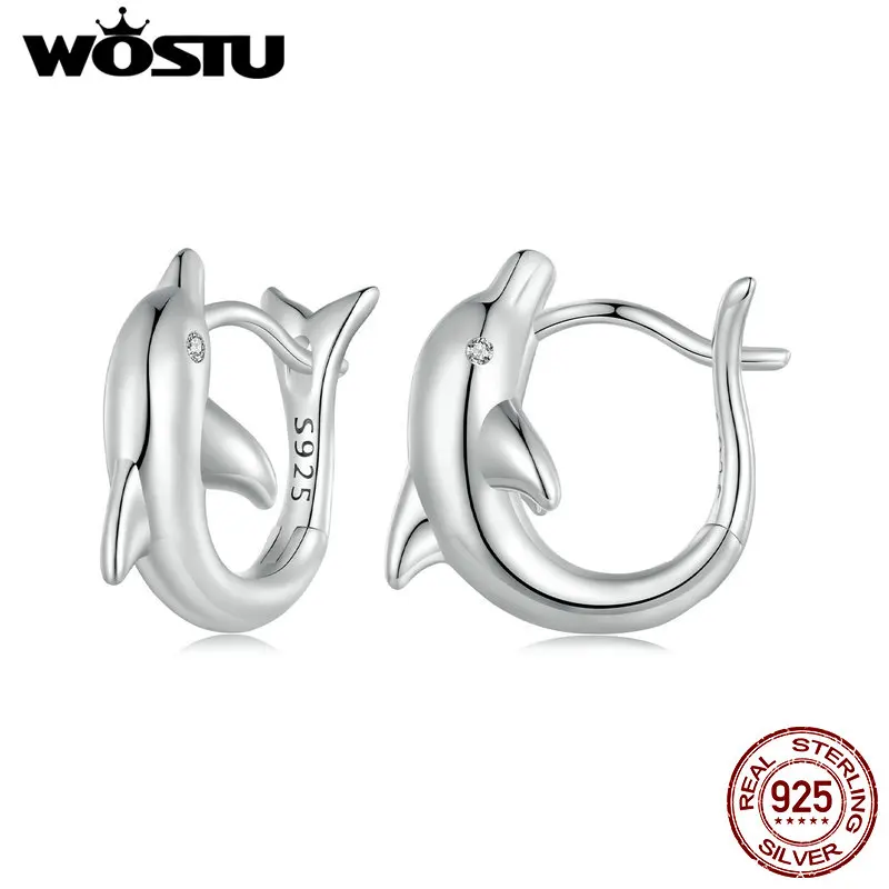 WOSTU Original Dolphin Earrings 925 Sterling Silver Ear Hoop with Zircon Fine Jewelry For Women Daily Party Date Gift 8.5mm