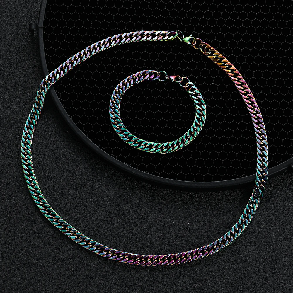 9.5MM 316L Stainless Steel Colorful Cuban Chain Necklace Bracelet Fashion Jewelry Set For Men Hip Hop Party Gift Accessories