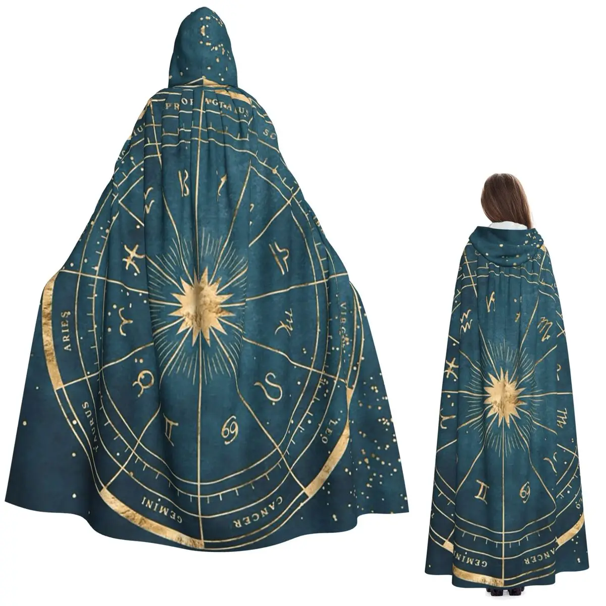 Horoscope Wheel With Zodiac Signs Long Hooded Cloak Witch Medieval Costume Cosplay Cape HalloweenParty Adult Unisex