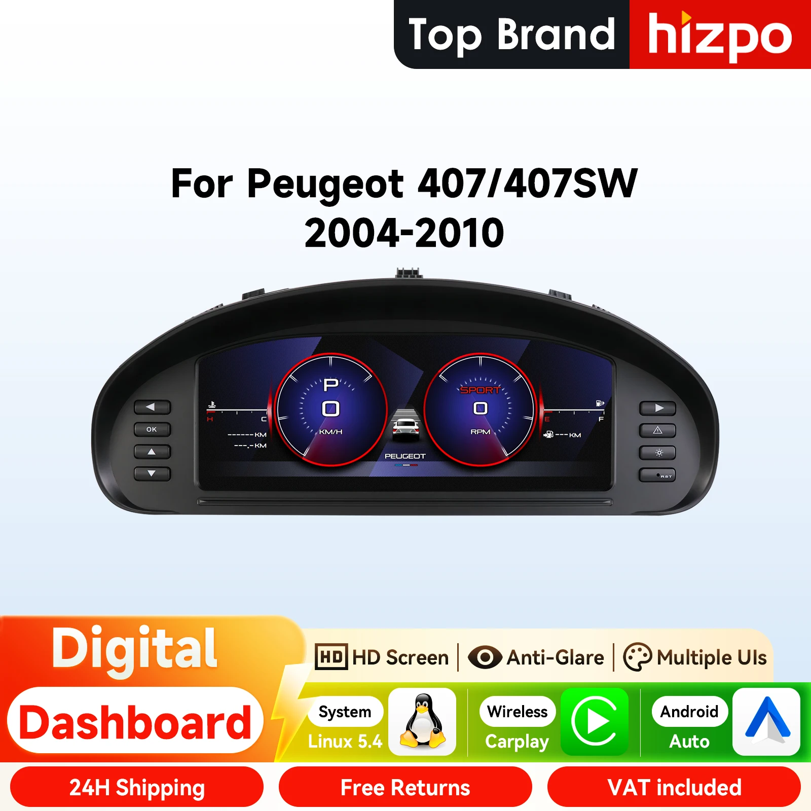 10,25-Zoll Hizpo Digitales Kombiinstrument für Peugeot 407 407SW 2004 - 2010 LCD-Display Virtuelles Cockpit Android Auto Ohne Autoradio