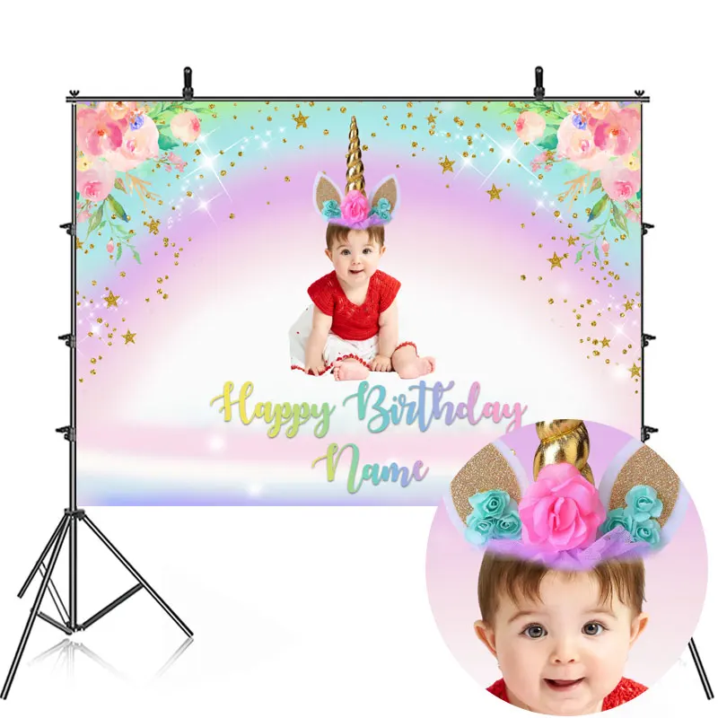 Pink Flowers Unicorn Birthday Party Backdrop Photography Baby Shower For Girls Kids Rainbow Background Banner Customize Name Pic