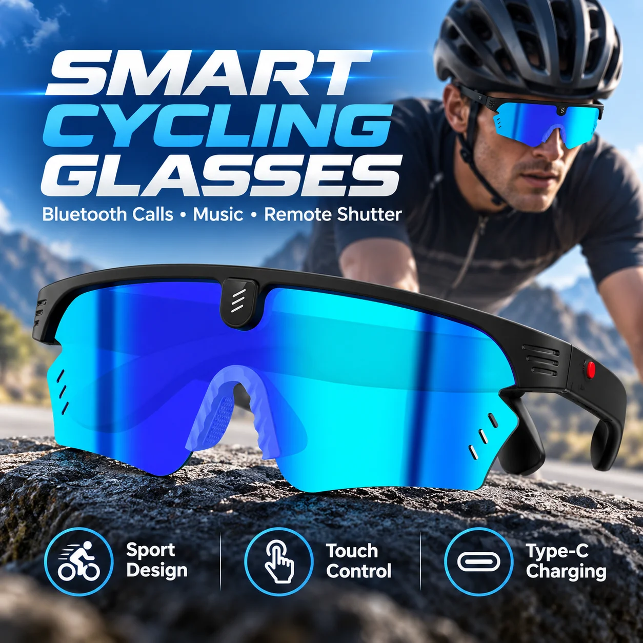 Bluetooth Smart Cycling Glasses with Calls Music Remote Shutter Touch Control Type-C Outdoor Sports Sunglasses