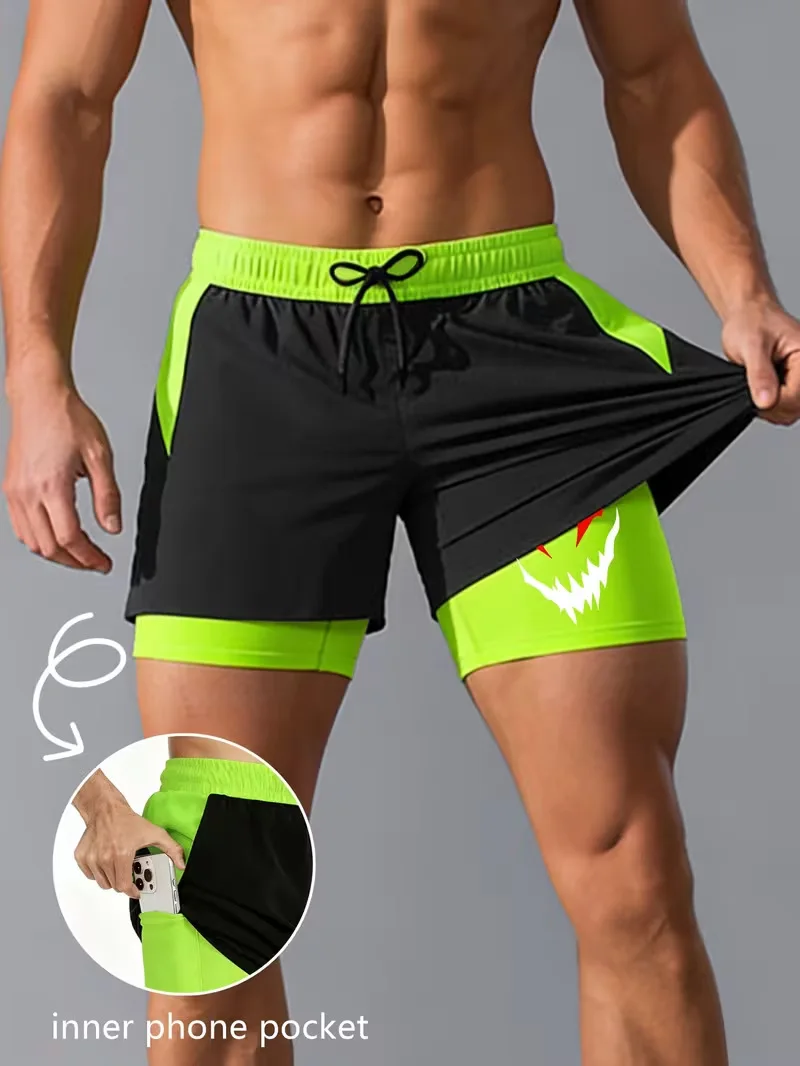 New men's summer double-layer quick-drying compression lining suitable for fitness, sports, surfing, beach shorts drawstring