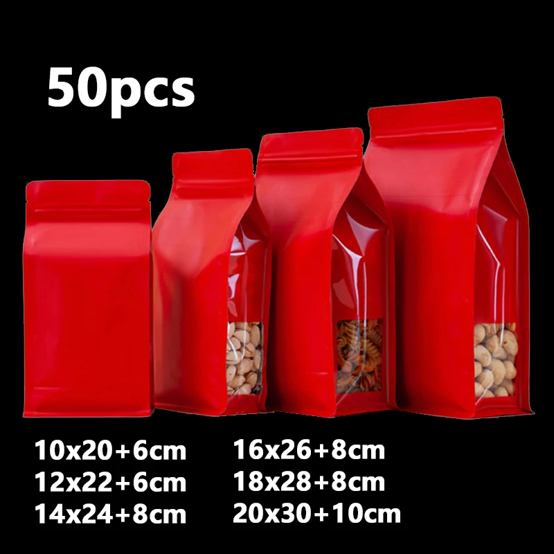 

50pcs Red Ziplock Bag For Tea Nuts Grain Coffee Bean Kitchen Storage & Organization Supplies Reusable Aluminum Foil Seal Pouch