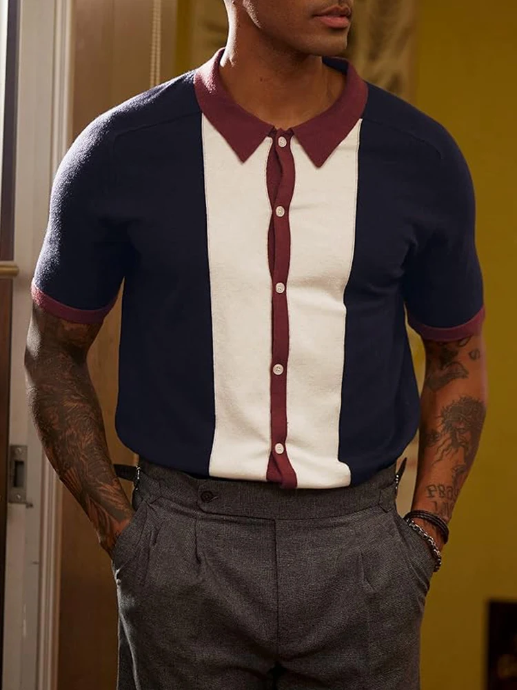 

Patchwork Contrast Color Striped Shirt Mens Knitted Lapel Buttoned Short Sleeve Casual Men Knit Shirts Vintage Slim Fit Cardigan
