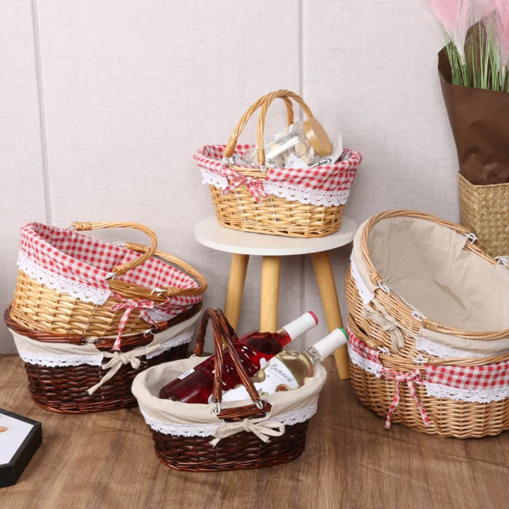 Hand Woven Willow Storage Basket With Handle And Linen Lining For Home Kitchen Picnic Fruit Bread Organizer