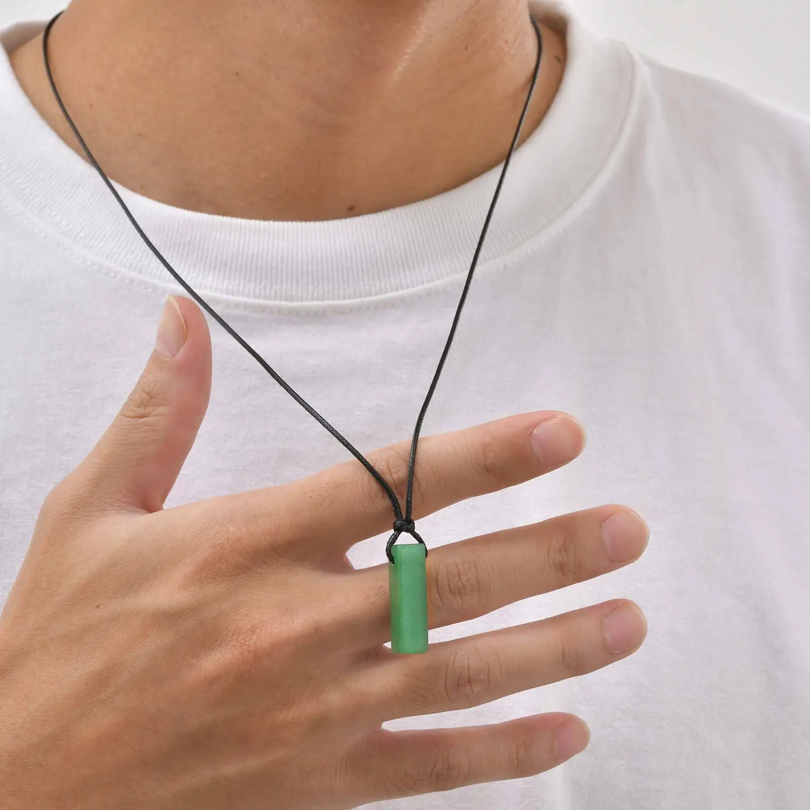 Green Healing Natural Stone Necklace for Men,Cylinder Pendant with Black Leather Long Wax Rope Collar,Sweater Chain Gift - Image 3