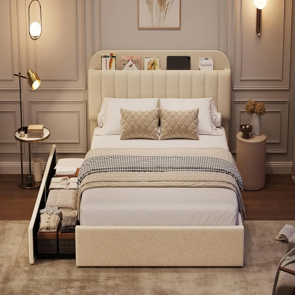 Estrutura de cama de solteiro com cabeceira de armazenamento, estrutura de cama infantil com 2 gavetas, cama de plataforma estofada boucle com estante,