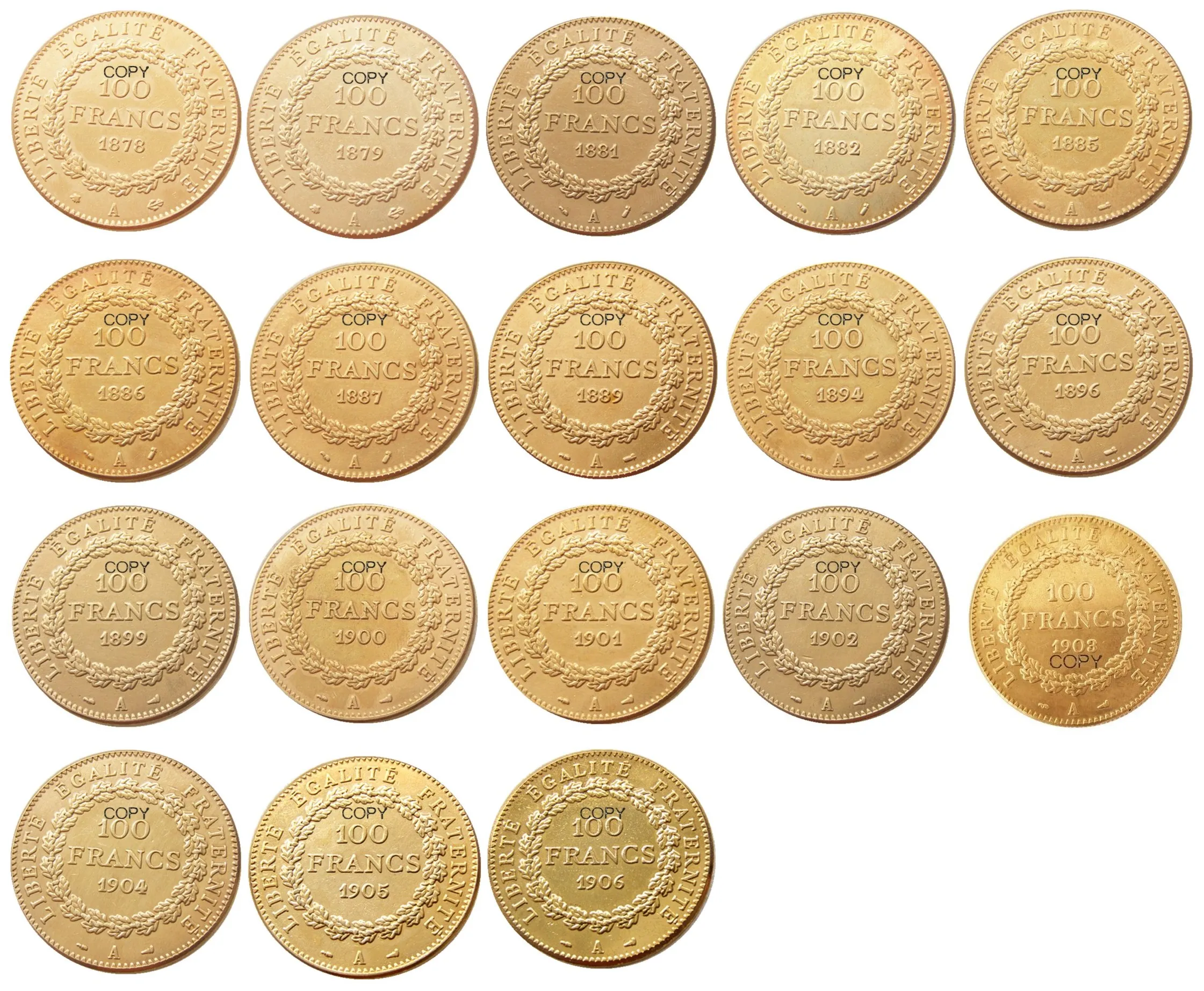 

France A set of 1878 - 1906 18pcs 100 Francs Third Republic Gold Plated Copy Coins