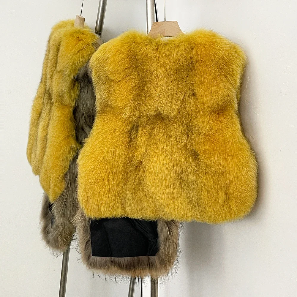 OFTBUY Giacca in pelliccia naturale Cappotto in pelliccia di volpe abbinata ai colori femminili Gilet senza maniche in vera pelliccia di procione Gilet spesso caldo
