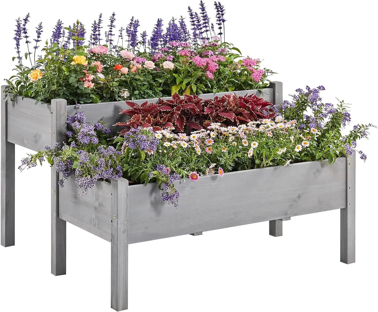 47x41x30in Wooden Raised Garden Bed Horticulture Outdoor 2 Tiers Elevated Planter Grow Box for Herb with Legs & Drainage Holes, Gray