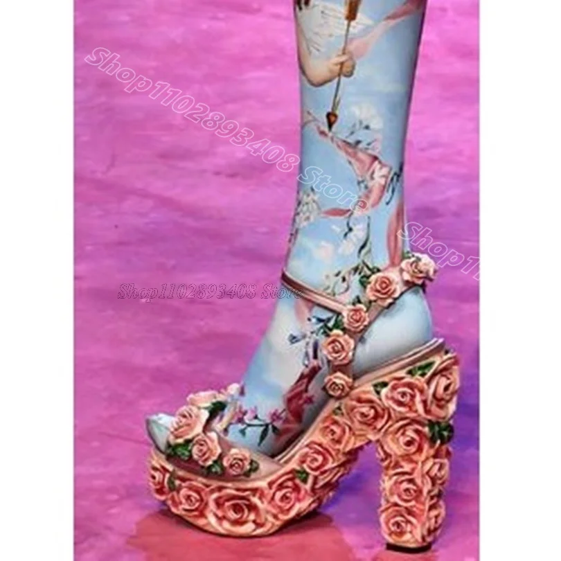 

Pink Flower Decor Platform Sandals Chunky Heels Open Toe British Style Summer Party Women Elegant Shoes 2024 Zapatos Para Mujere