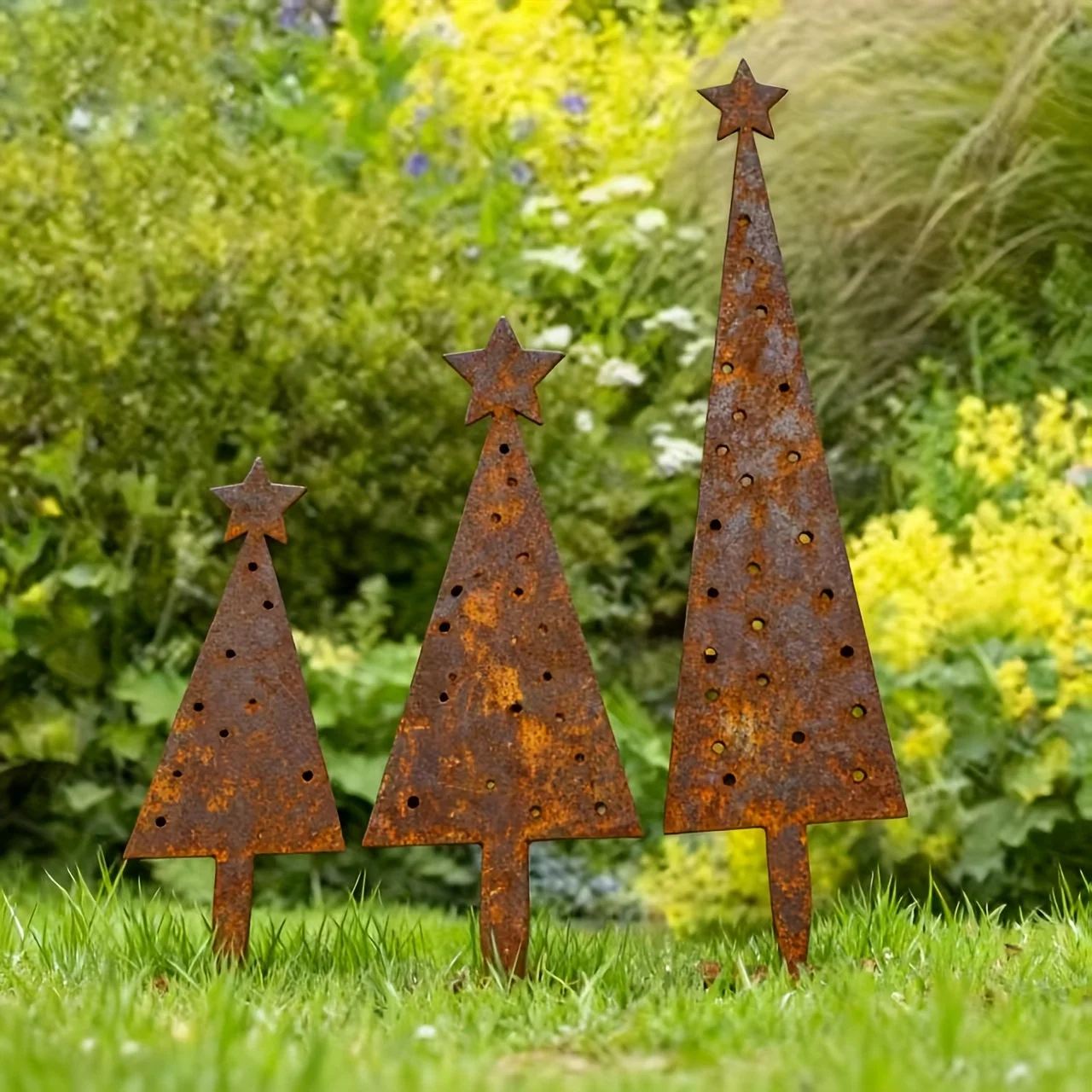 3pcs Vintage Patina Cast Iron Christmas Tree Outdoor Garden Ground Plug Ornament, Garden Stake - Farmhouse
