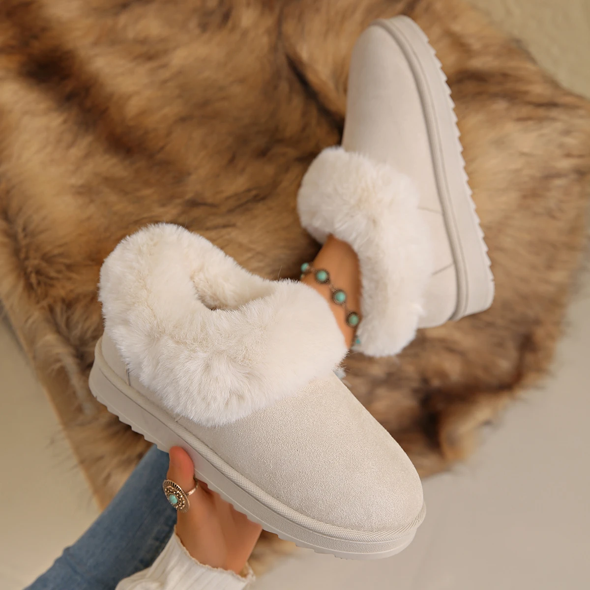 Women Fluffy Fur Platform Snow Boots Winter 2026 Faux Suede Warm Plush Ankle Boots Women Plus Size 44 Brand Design Booties